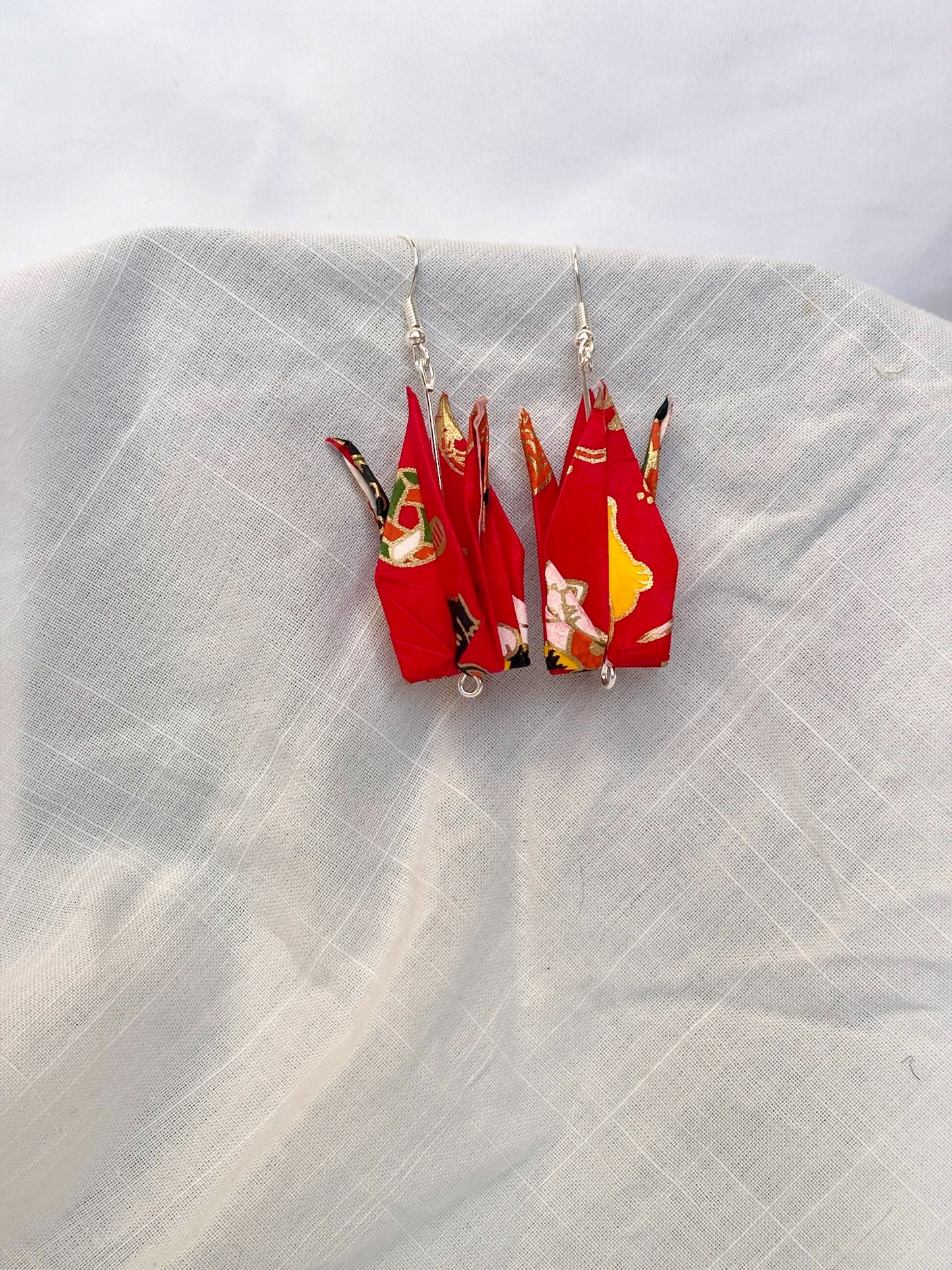Red origami dangle earrings