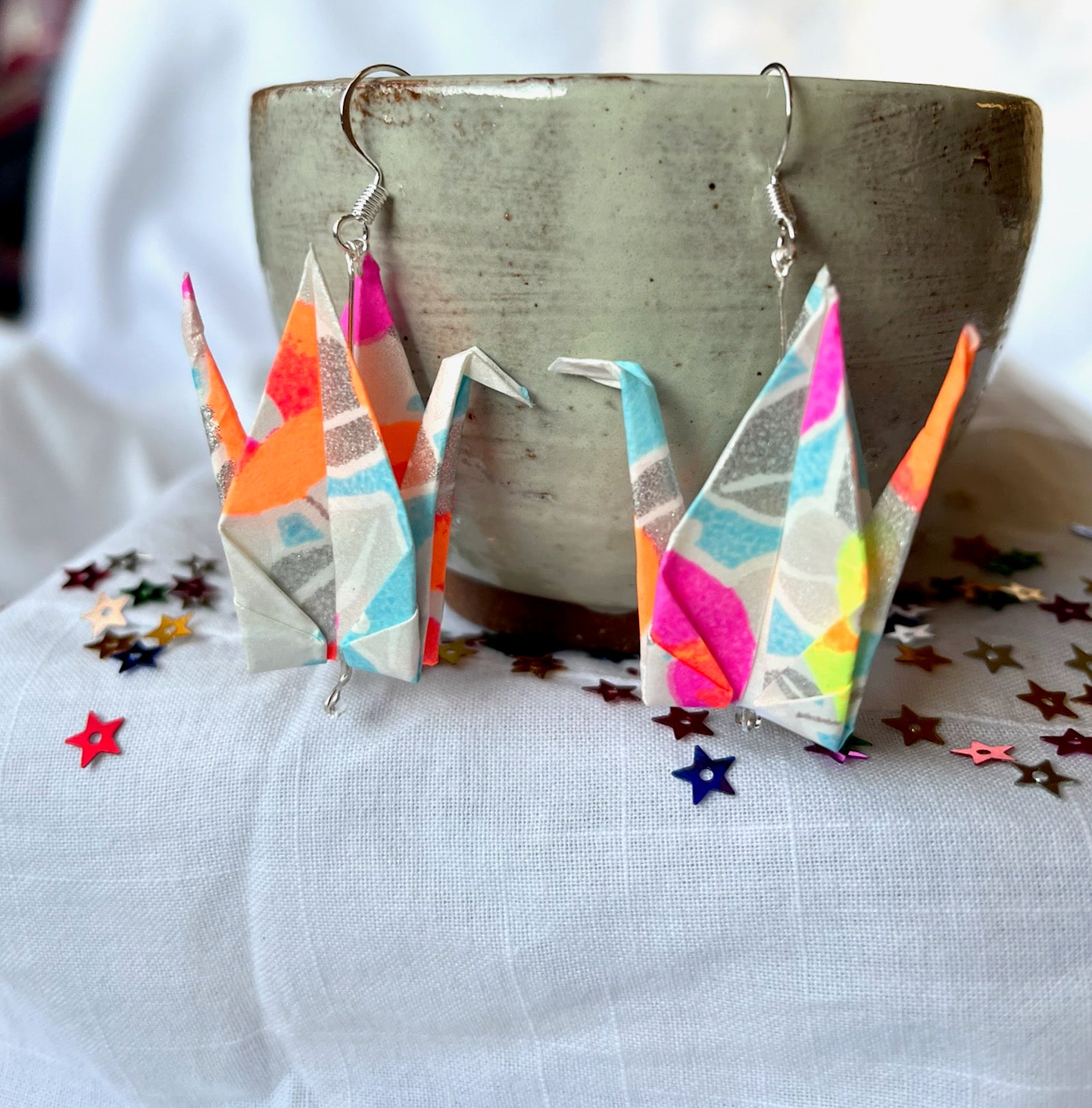 Brightly colored origami crane earrings