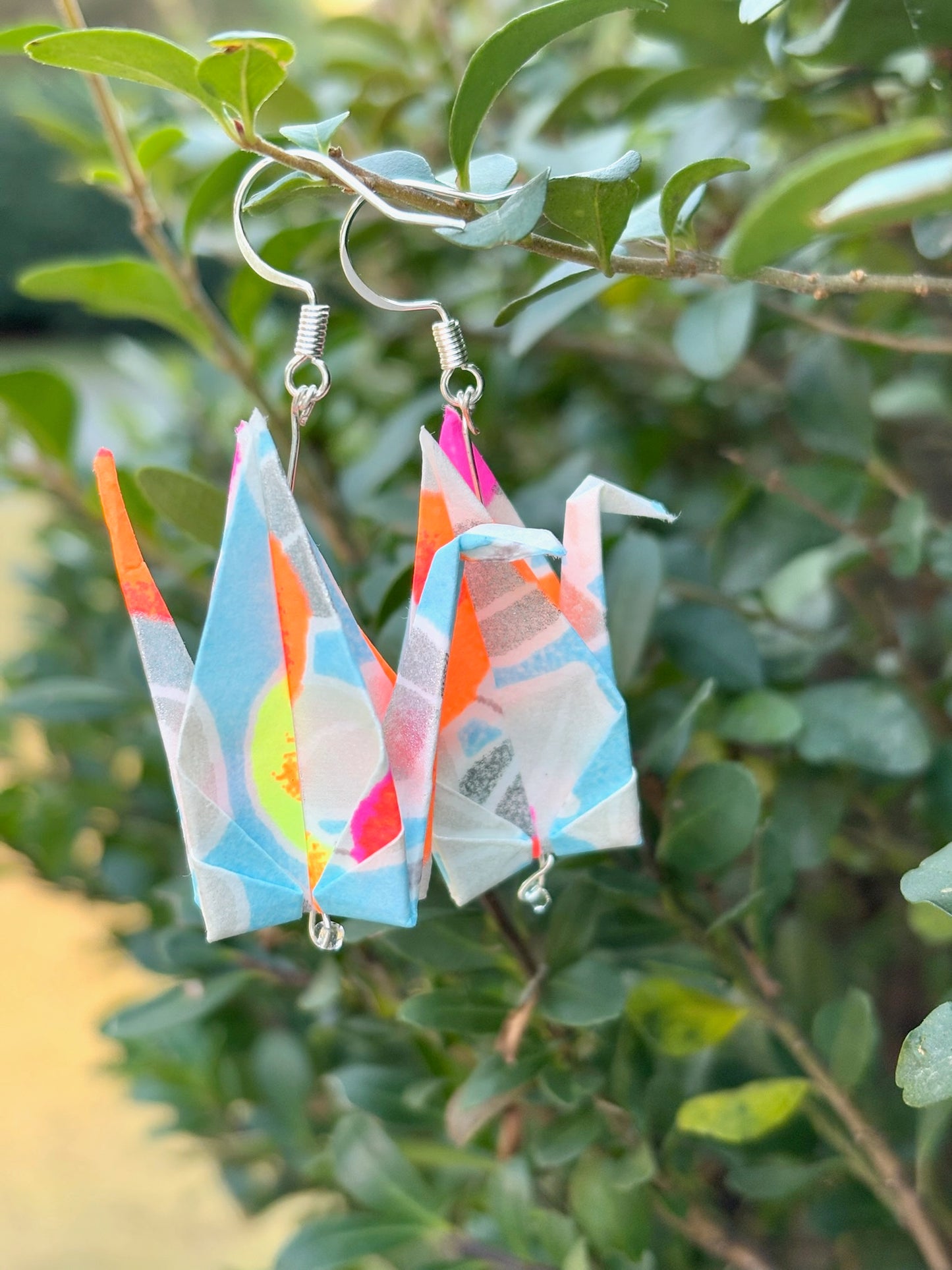 Brightly colored origami crane earrings