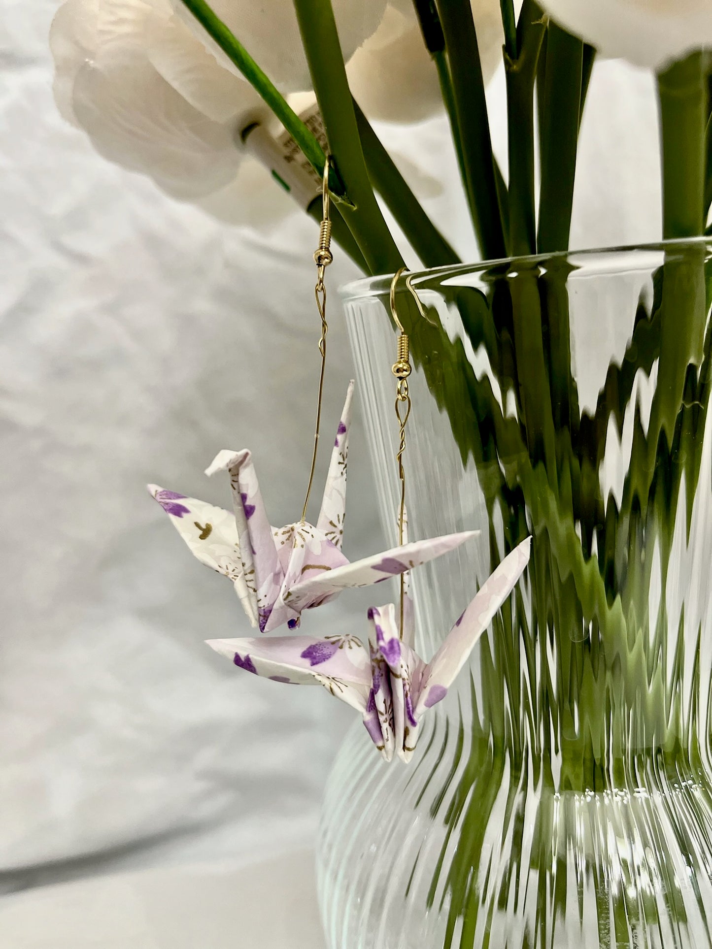 Light purple large crane dangle earrings